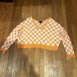 Just Polly‎ Sweater Womens Med Orange Check Slouchy CropTop Scallop Fringe Trim